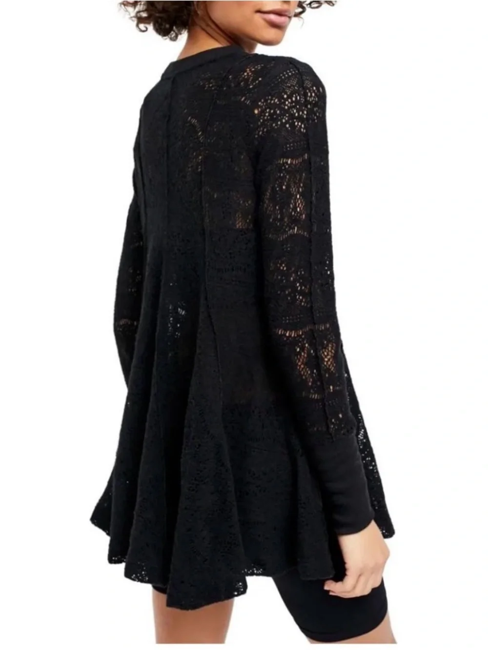Free People Coffee in the Morning Black Lace Knit Peplum Tunic Top size S